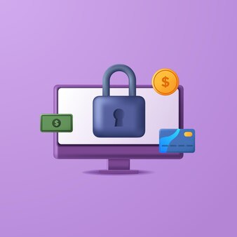 Koncepcja bezpieczeństwa danych fintech. bankowość finansowa technologia prywatności bezpieczeństwa cyfrowego. 3d ikona kłódki komputer, pieniądze, karta.