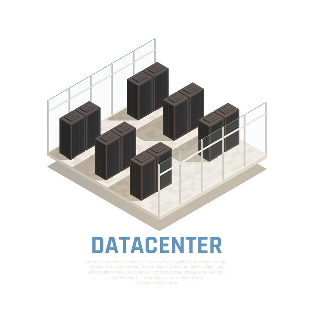 Koncepcja centrum danych z bazą danych serwera i izometrycznymi symbolami obliczeniowymi
