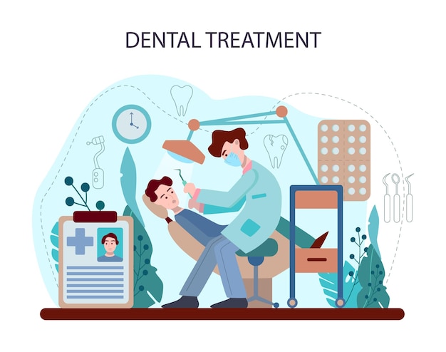 Koncepcja dentysty. lekarz stomatolog w mundurze leczy ludzkie zęby za pomocą sprzętu medycznego. idea pielęgnacji stomatologicznej i jamy ustnej. leczenie próchnicy. płaska ilustracja wektorowa