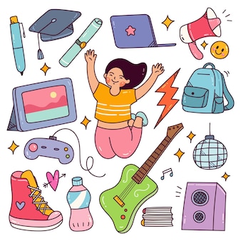 Koncepcja dnia młodzieży doodle szczęśliwa nastolatka z ich hobby i sprzętem