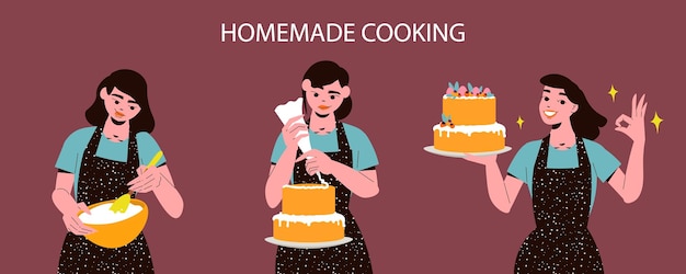 Koncepcja Domowego Gotowania Z Szczęśliwymi Kobietami Robi Ciasta Na Białym Tle Na Ilustracji Wektorowych Płaski Kolor Tła