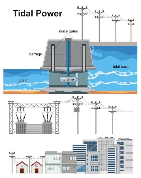Bezpłatny wektor koncepcja energii odnawialnej z elektrownią pływową