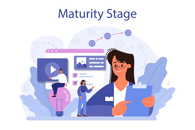 Koncepcja Etapu Dojrzałości Okres Cyklu życia Projektu Skuteczna Strategia Biznesowa Wdrożenie I Rozwój Projektu Biznesowego Ilustracja Wektorowa W Stylu Kreskówki