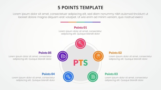 Koncepcja Infografiki Szablonu Sceny Z 5 Punktami Do Prezentacji Slajdów W Kształcie Pięciokąta Lub Pięciokąta Z Okręgiem Na Krawędzi Z Listą 5 Punktów Z Wektorem W Stylu Płaskim