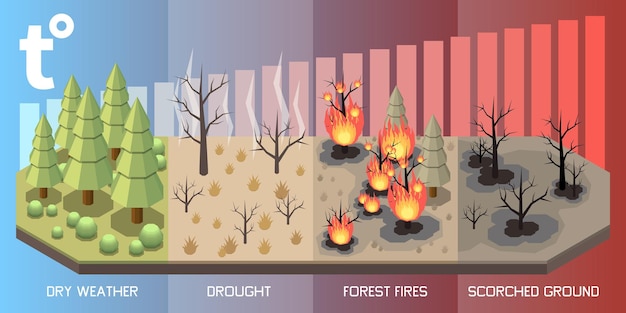 Bezpłatny wektor koncepcja izometryczna klęski żywiołowej z ilustracji wektorowych suszy i pożarów lasów