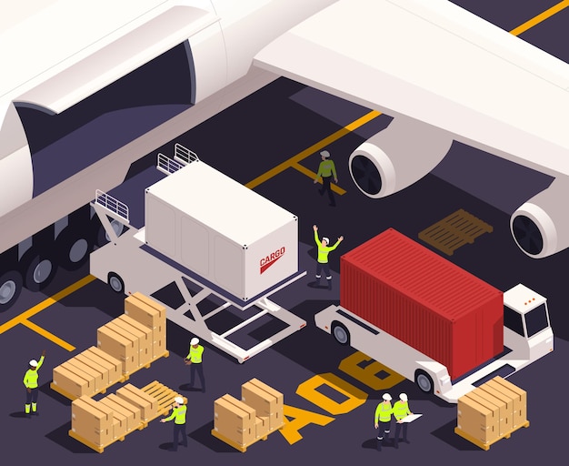 Bezpłatny wektor koncepcja izometryczna ładunku lotniczego z ilustracją wektorową scen logistycznych i transportowych samolotów
