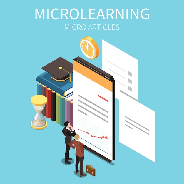 Koncepcja Izometryczna Microlearning Z Ilustracją Wektora Trendu Artykułów Mikro