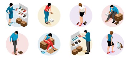 Bezpłatny wektor koncepcja izometrycznego sklepu obuwniczego z ludźmi wybierającymi próby i kupowanie obuwia na białym tle ilustracji wektorowych