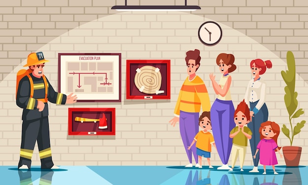 Bezpłatny wektor koncepcja kreskówki ewakuacji alarmu przeciwpożarowego ze strażakiem instruującym dzieci i dorosłych ilustracji wektorowych