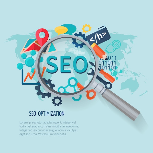 Bezpłatny wektor koncepcja marketingu seo z badań symbole mapa świata i lupa