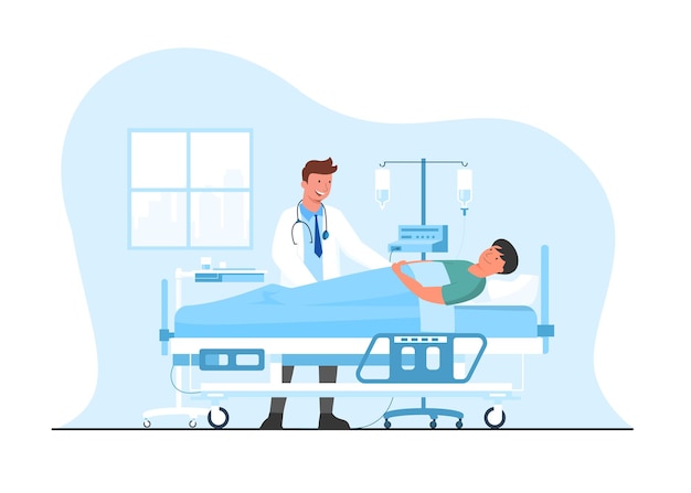 Koncepcja medyczna lekarza i pacjenta. pacjent szpitalny leżący w szpitalnym łóżku