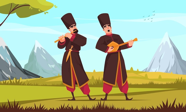 Bezpłatny wektor koncepcja muzyki folklorystycznej dwóch mężczyzn w strojach narodowych i kapeluszach odtwarza muzykę wektorową