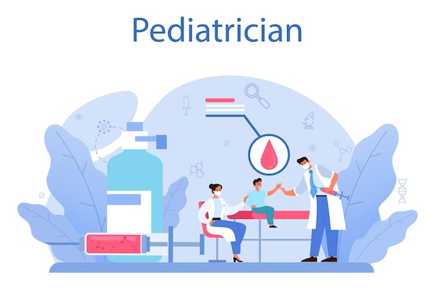 Koncepcja Pediatra Lekarz Bada Dziecko Stetoskopem Pomysł Zdrowia I Leczenia Dla Dzieci Leczenie Grypy I Szczepienia Ilustracja Na Białym Tle Płaski Wektor