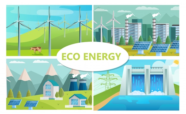 Bezpłatny wektor koncepcja płaskiej energii ekologicznej z wiatrakami panele słoneczne ekologiczna fabryka i elektrownia wodna
