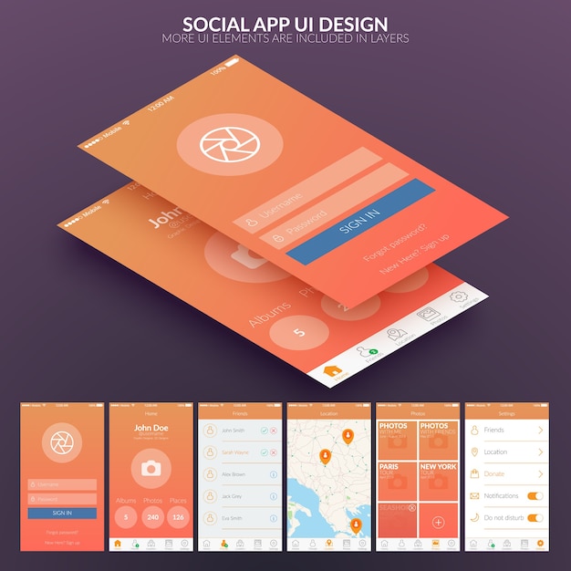 Bezpłatny wektor koncepcja projektowania interfejsu użytkownika dla społecznej aplikacji mobilnej