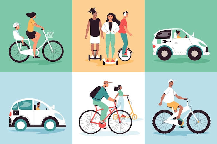 Bezpłatny plik Wektor koncepcja projektu ekologicznego transportu zestaw sześciu kwadratowych ikon z ludźmi jeżdżącymi na rowerach, deskorolkach i ilustracjach samochodów elektrycznych