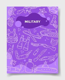 Koncepcja przemysłu wojskowego ze stylem doodle dla szablonu banerów, ulotki, książek i okładki magazynu