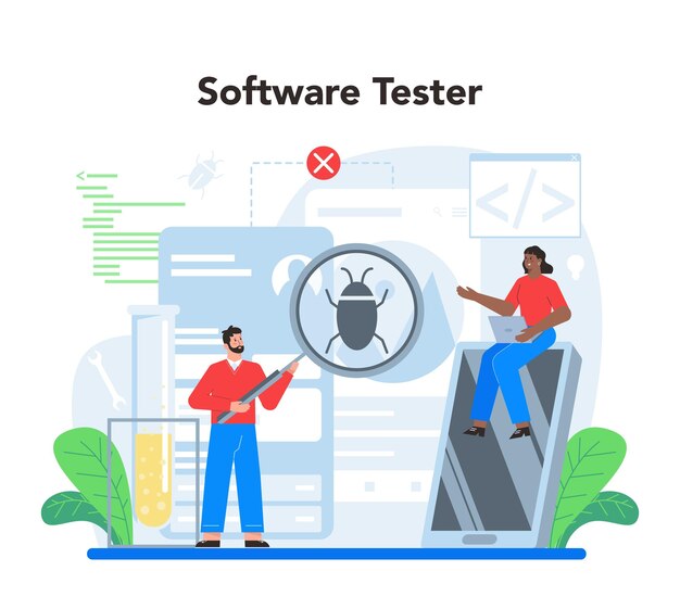 Koncepcja testowania oprogramowania Proces testowania kodu aplikacji lub strony internetowej Specjalista IT szukający błędów Pomysł na technologię komputerową Analiza cyfrowa Ilustracja wektorowa w stylu kreskówki