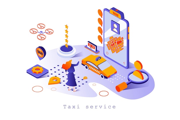 Koncepcja usług taksówkowych w projekcie izometrycznym 3d rezerwacja taksówki online w sterowniku aplikacji mobilnej
