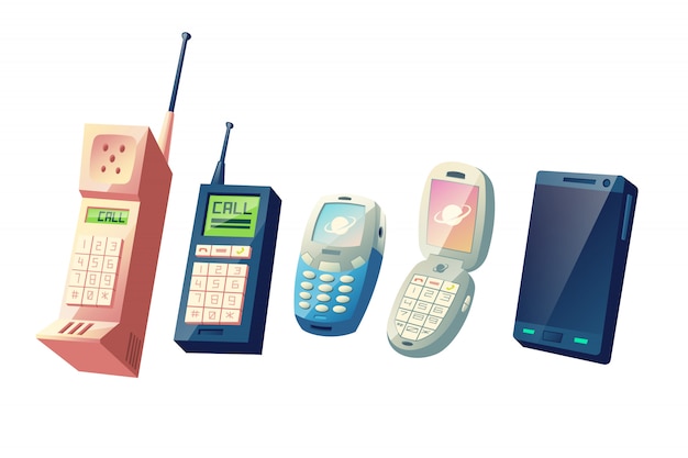 Bezpłatny wektor koncepcja wektor kreskówka ewolucja telefonów komórkowych. pokolenia telefonów komórkowych od klasycznych modeli z fizycznymi klawiaturami numerycznymi i wysuwanymi antenami do nowoczesnych inteligentnych urządzeń z ilustracją z ekranem dotykowym