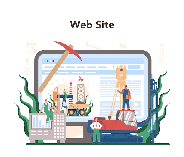 Koncepcja wydobycia usługa online lub platforma Wydobycie zasobów mineralnych i naturalnych Pracownik w mundurze z kilofem Strona internetowa Płaska ilustracja wektorowa