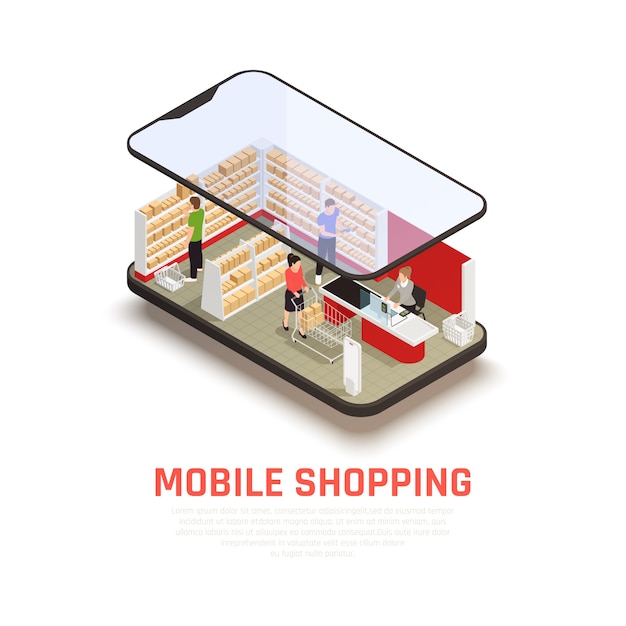 Koncepcja zakupy mobilne z symbolami e-commerce izometryczny
