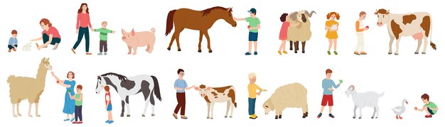 Kontakt gospodarstwo płaskie ikony zestaw osób spędzających czas w parku zwierząt pieszczoty na weekendowy wypoczynek na białym tle ilustracji wektorowych