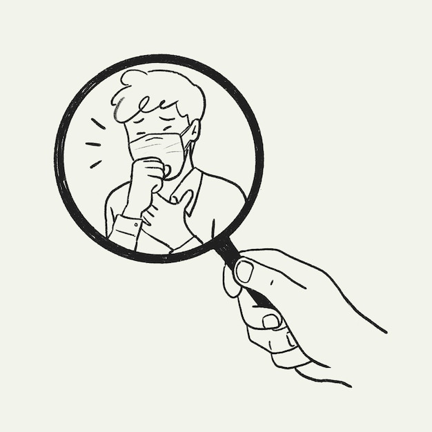 Kontroler objawów doodle wektor, ilustracja koronawirusa
