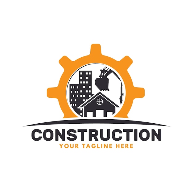 Bezpłatny wektor koparka i logo budowlane z budynkami
