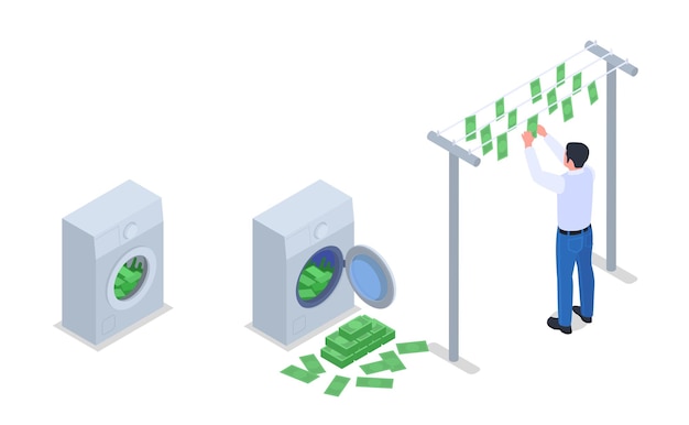 Korupcja Przekupstwo Pieniądze Pralnia Człowiek Wiszący Banknoty Na Pralkach Do Bielizny Wypełnione Izometryczną Ilustracją Wektorową Gotówki