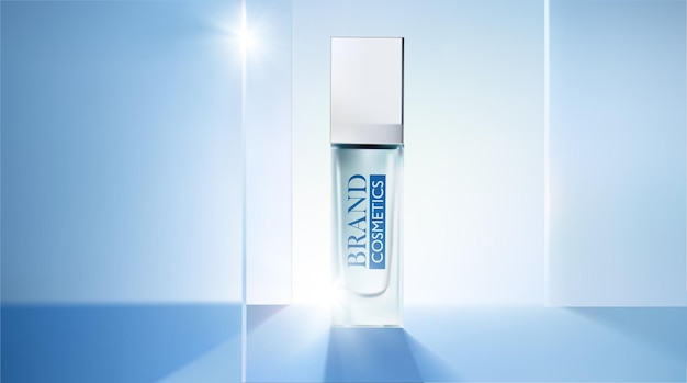 Kosmetyk produktowy z przezroczystymi szklanymi płytkami prezentacja niebieskiego produktu makieta pokazowa kosmetyczna