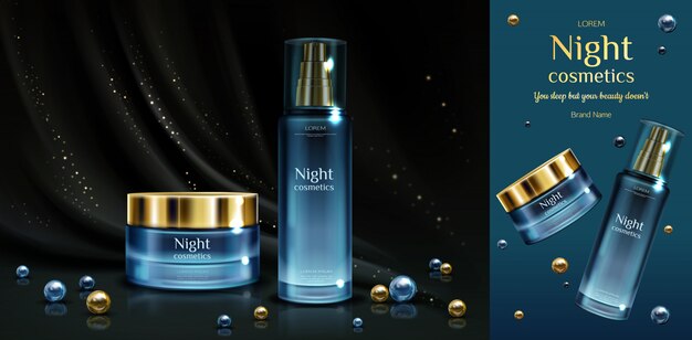Kosmetyki na noc z kremem kosmetycznym i butelkami serum na czarnym drapowanym materiale ze złotymi iskierkami i perłami.