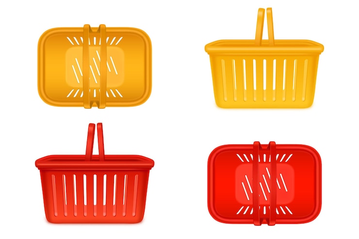 Bezpłatny plik Wektor kosze na zakupy puste supermarkety plastikowe wózki z uchwytami sprzęt na białym tle klientów do zakupu w sklepie detalicznym widok z góry i z boku sklep spożywczy i sklep spożywczy realistyczna ilustracja wektorowa 3d