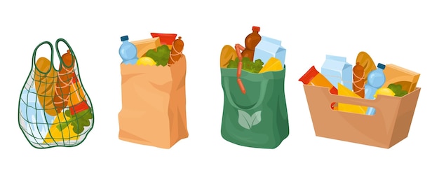 Bezpłatny wektor koszyk torba pudełko żywności zestaw izolowanych ikon z torbami wypełnionymi produktami spożywczymi ilustracji wektorowych