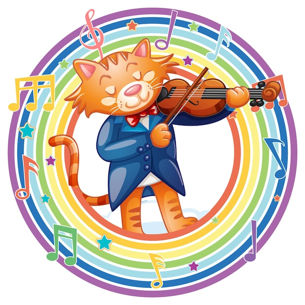 Kot gra na skrzypcach w tęczowej okrągłej ramce z symbolami melodii
