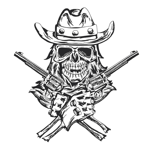 Bezpłatny wektor kowbojska czaszka w kapeluszu z dwoma pistoletami w rękach.