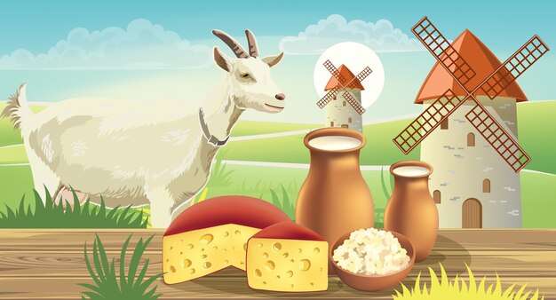 Koza na łące z wiatrakami, przy stole z serem, twarogiem i mlekiem. Realistyczny.