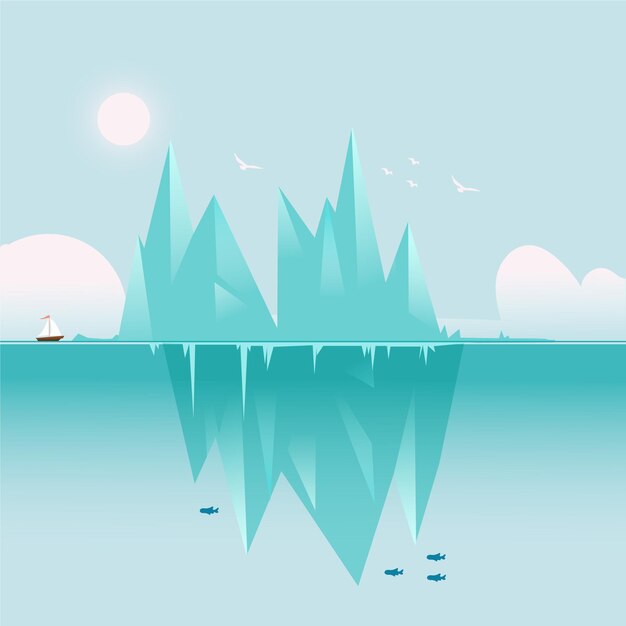 Krajobraz góry lodowej z łodzią i rybami