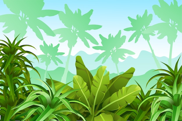 Krajobraz gry z roślinami tropikalnymi.