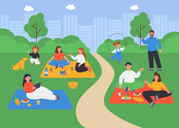 Bezpłatny wektor krajobraz letniego parku miejskiego ze szczęśliwymi ludźmi na pikniku. rodziny z dziećmi spędzają czas w przyrodzie płaskiej ilustracji wektorowych. aktywność na świeżym powietrzu, koncepcja wypoczynku na baner, projektowanie stron internetowych