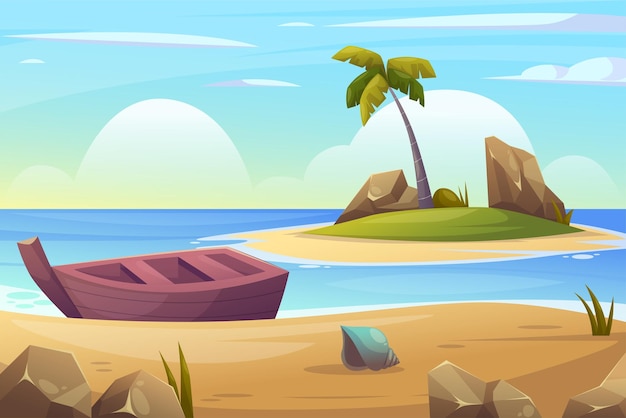 Bezpłatny wektor krajobraz plaży na letni dzień tła ilustracji ze statkiem i wyspą oceanu