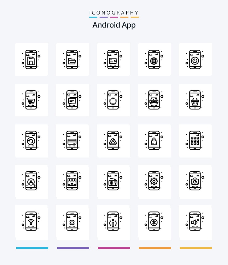 Bezpłatny plik Wektor kreatywna aplikacja na androida 25 pakietów ikon outline, takich jak przełączanie mobilnej aplikacji do wyszukiwania globu