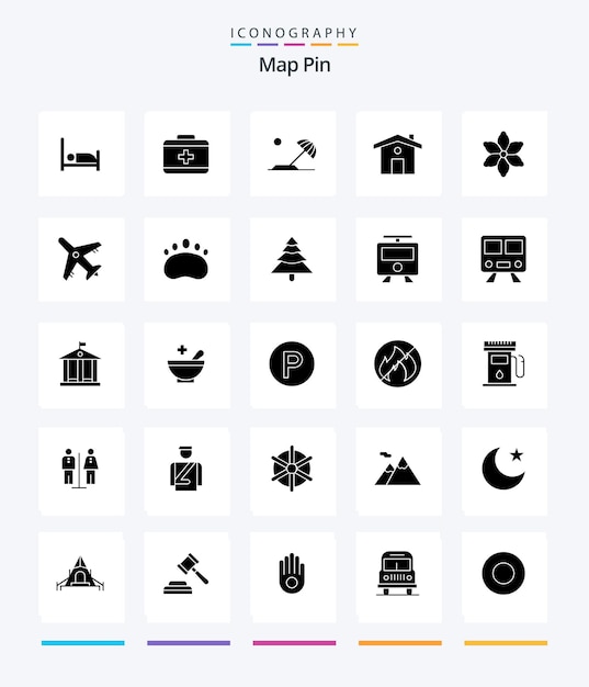 Kreatywna Mapa Pin 25 Glyph Solid Black Pakiet Ikon, Takich Jak Podróże Rośliny Wakacje Natura Podróże