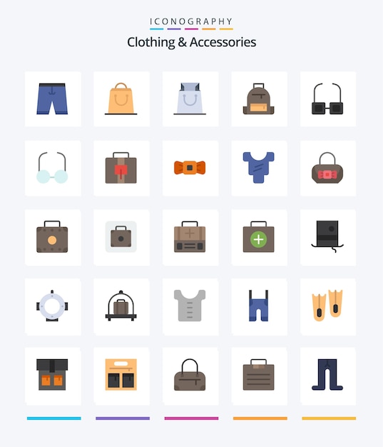 Bezpłatny wektor kreatywne dodatki odzieżowe 25 płaskich ikon, takich jak plecak z widokiem biznesowym, czytaj w szkole