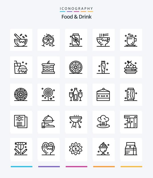 Kreatywne jedzenie i picie 25 zestaw ikon OutLine, takie jak jedzenie, napój, napój, miska miękka