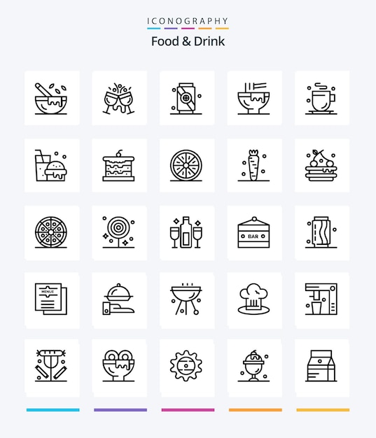 Kreatywne jedzenie i picie 25 zestaw ikon OutLine, takie jak jedzenie, napój, napój, miska miękka