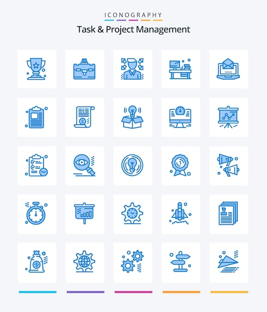 Kreatywne zarządzanie zadaniami i projektami 25 Pakiet niebieskich ikon Taki jak monitor laptopa z profilem poczty biznesowej
