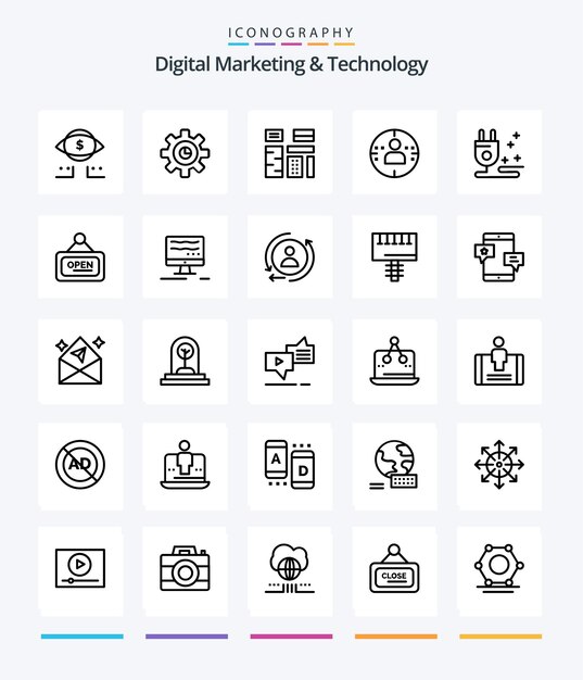 Kreatywny marketing cyfrowy i technologia 25 Pakiet ikon OutLine Taki jak profil reklamowy marketingu kablowego premium