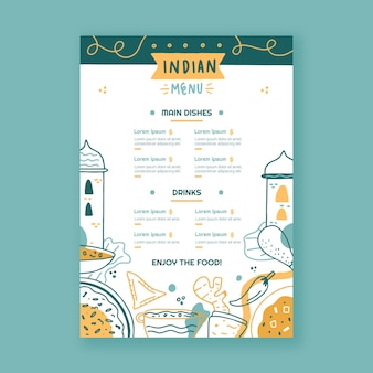 Kreatywny ręcznie rysowane szablon menu indyjskiego
