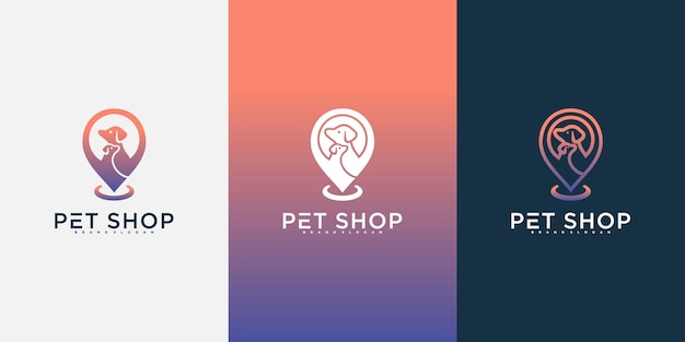 Kreatywny szablon projektu logo sklepu zoologicznego z połączoną koncepcją wektora psa, kota i wskaźnika mapy premium vektor